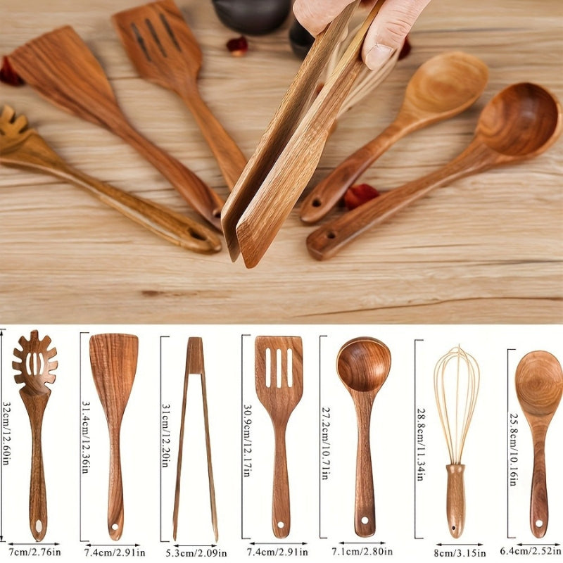7-piece teak kitchen utensils set with scratch-free design and ergonomic handles