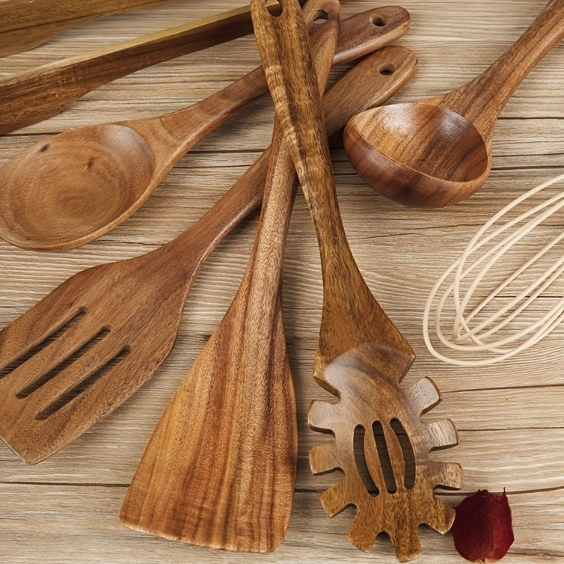7-piece teak kitchen utensils set with scratch-free design and ergonomic handles