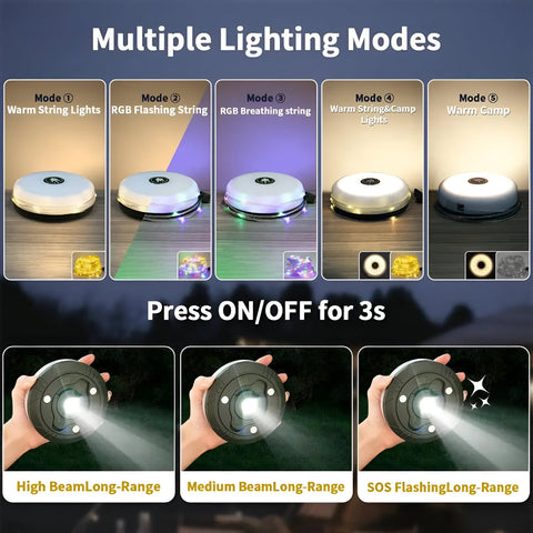 4-in-1 Multifunctional Camping Lantern – LED Light, RGB String Lights & Power Bank