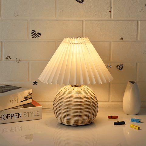 Brolly Pleated Table Lamp – Retro Rattan Cone Design