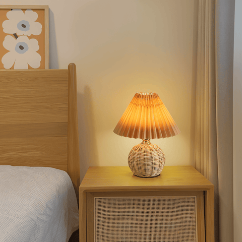 Brolly Pleated Table Lamp – Retro Rattan Cone Design