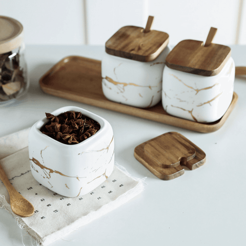MarbleNest – Luxury Porcelain Spice Jars with Wooden Tray