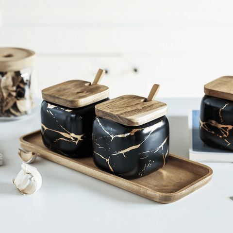 MarbleNest – Luxury Porcelain Spice Jars with Wooden Tray