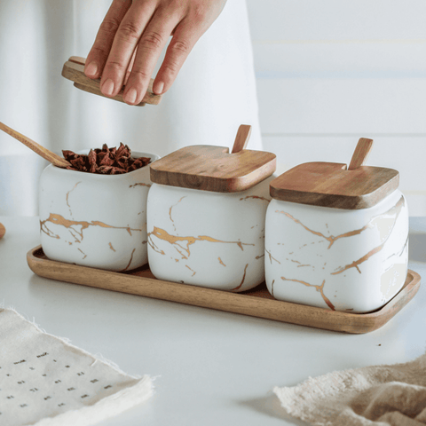 MarbleNest – Luxury Porcelain Spice Jars with Wooden Tray