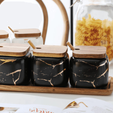 MarbleNest – Luxury Porcelain Spice Jars with Wooden Tray