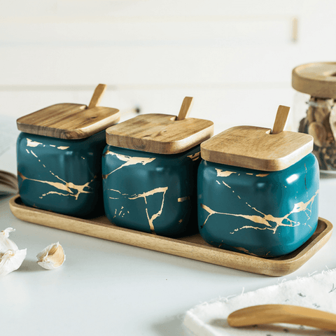 MarbleNest – Luxury Porcelain Spice Jars with Wooden Tray