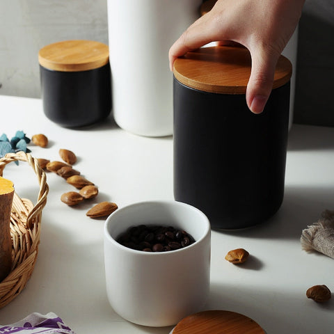 Ceramic Storage Jar – Black or White with Natural Wood Lid