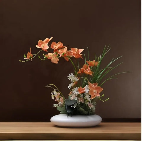 SereneDove™ Modern Ceramic Vase with Orchid Faux Flower Figurines