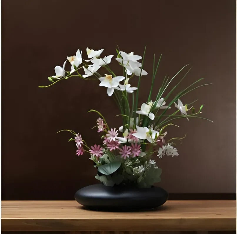 SereneDove™ Modern Ceramic Vase with Orchid Faux Flower Figurines