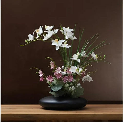SereneDove™ Modern Ceramic Vase with Orchid Faux Flower Figurines