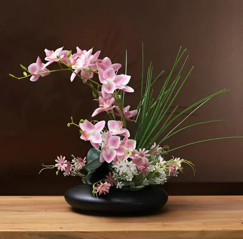 SereneDove™ Modern Ceramic Vase with Orchid Faux Flower Figurines