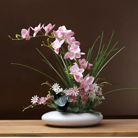 SereneDove™ Modern Ceramic Vase with Orchid Faux Flower Figurines