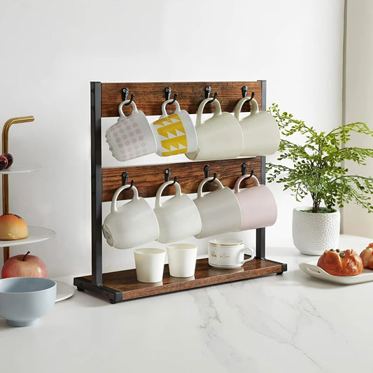 Vintage Wooden Coffee Mug Stand with 16 Hooks and 2-Tier Design