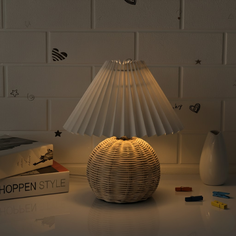 Brolly Pleated Table Lamp – Retro Rattan Cone Design
