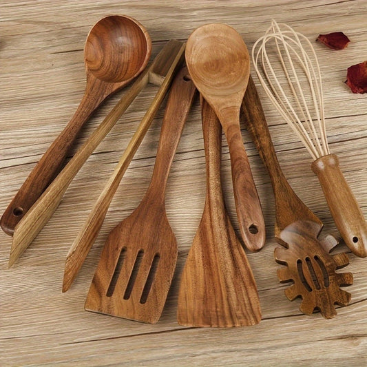 7-piece teak kitchen utensils set with scratch-free design and ergonomic handles