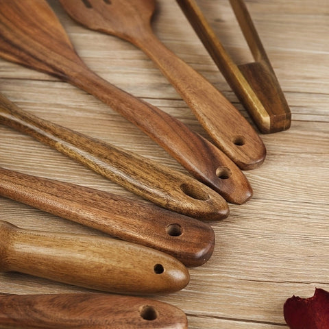 7-piece teak kitchen utensils set with scratch-free design and ergonomic handles