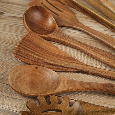 7-piece teak kitchen utensils set with scratch-free design and ergonomic handles