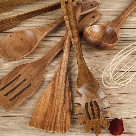 7-piece teak kitchen utensils set with scratch-free design and ergonomic handles