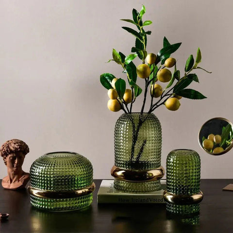 Verdora – Dark Green Hydroponic Glass Vase with Gold Accent