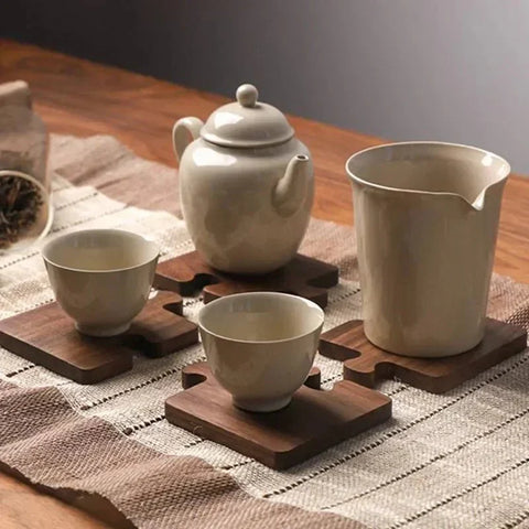 Jigsaw Shape Walnut Wood Coaster Set - Rustic Charm Design