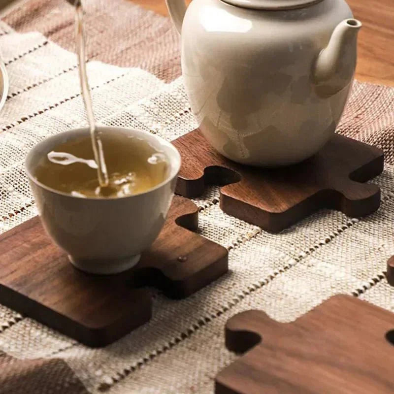 Jigsaw Shape Walnut Wood Coaster Set - Rustic Charm Design
