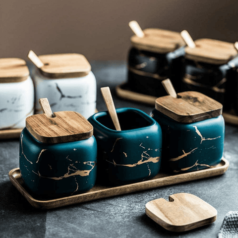 MarbleNest – Luxury Porcelain Spice Jars with Wooden Tray