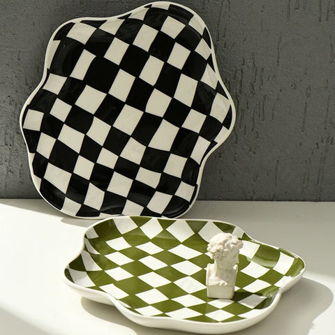 Nordic Ceramic Storage Tray – Modern Checkered Design for Stylish Organization